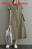Japanese Style Loose Cotton Linen Short Sleeve Dress With Pockets For Casual Wear