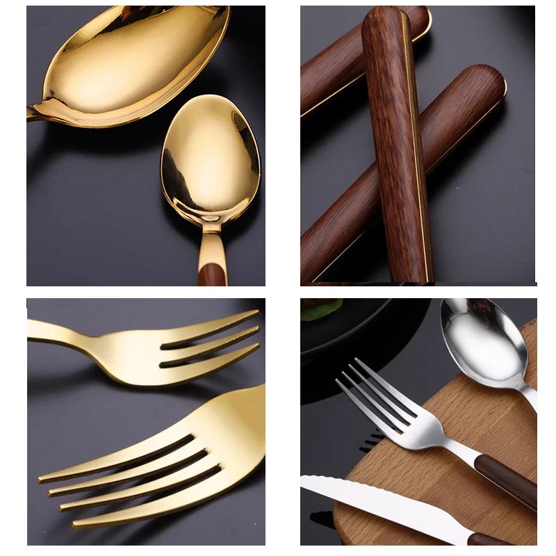 Набор столовых приборов с деревянной ручкой, столовая посуда из нержавеющей стали, вилка, нож, кофейная ложка, набор столовых приборов в западном стиле, можно мыть в посудомоечной машине