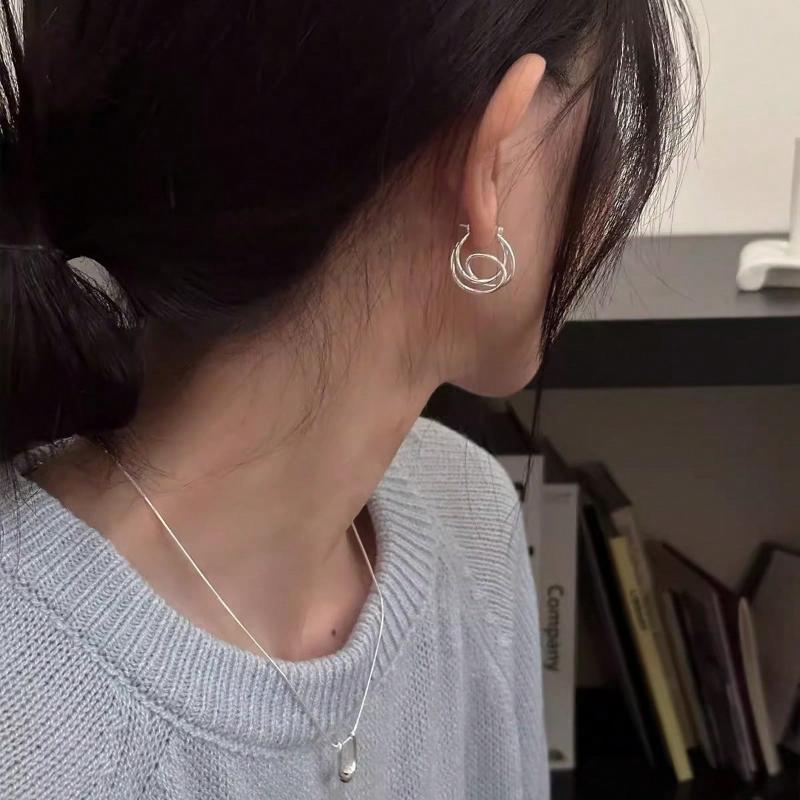 1 пара серебряных сережек-колец с узлом - Уникальный дизайн с витой линией, гипоаллергенные, корейско-японский стиль, модные ювелирные украшения в подарок для повседневной носки