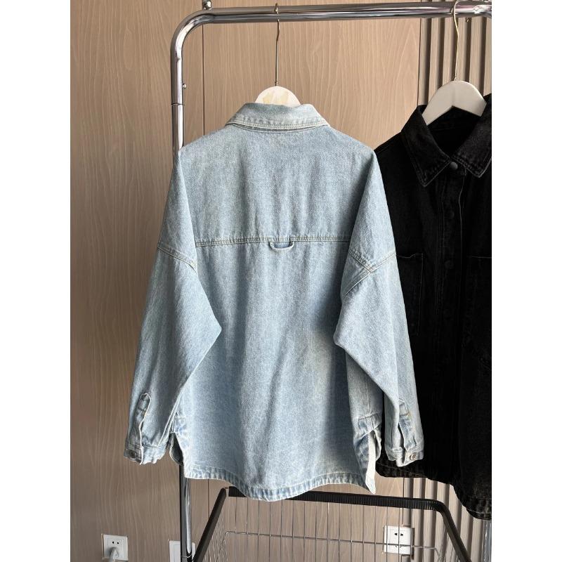 Джинсовая куртка Весна Полностью хлопковая Большие карманы Украшенная свободная версия женской джинсовой куртки в стиле рубашки