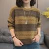 Spring Autumn Women's Hollow Out Western-style Middle-aged Mother Long Sleeved T-shirt Knitted Sweater Loose Striped Base Shirt