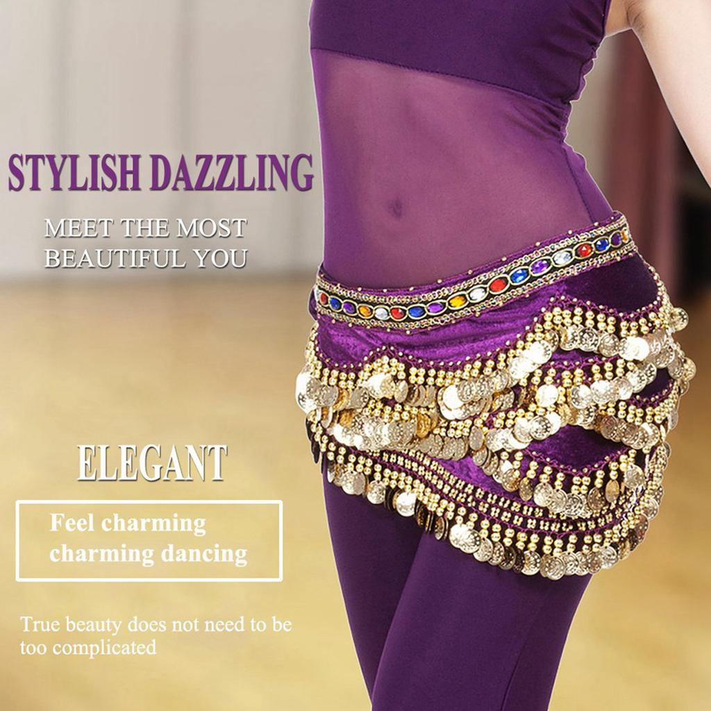 Belly Dancing Hip Scarf Wrap Skirt Waist Belt with Artificial Coin Tassel Dark Purple
