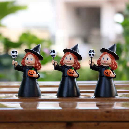 3Pcs Halloween Witch Figurine Holding Skull Pumpkin Cartoon Witch Resin Statue Sculpture Home Office Holiday Party Decoration Ornament