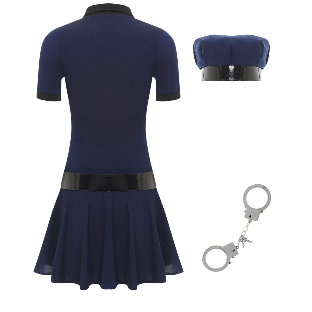 Womens Halloween Policewoman Cosplay Dress Hat Waist Belt Manacles 4-Piece Dirty Cop Costumes