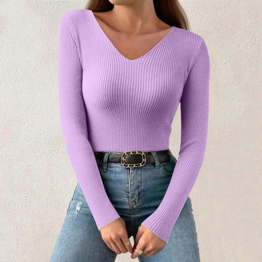Women's Fashion V-Neck Slim Sweater Long Sleeve Pullover Solid Colour Top