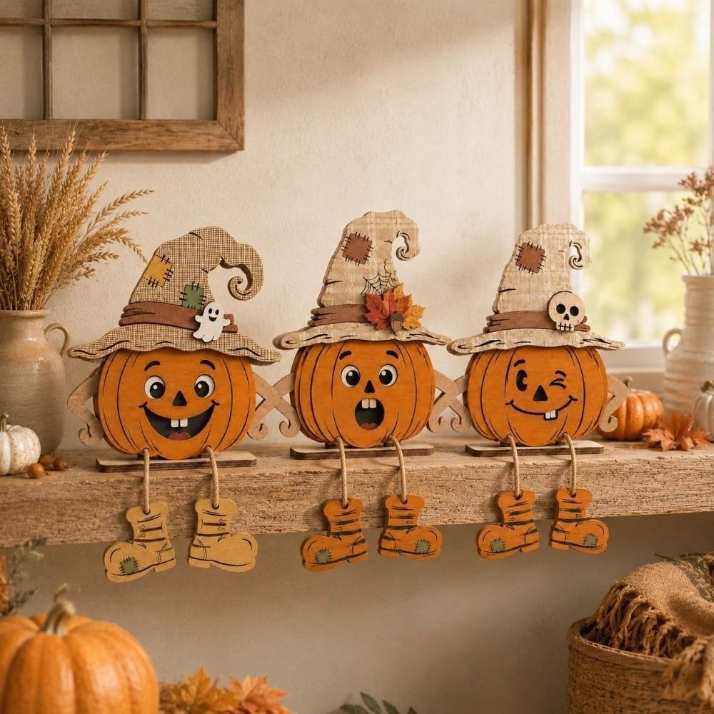 3Pcs Vintage Pumpkin-Shaped Wooden Ornaments 2D Flat Face Pumpkin Display Decor Holiday Gifts