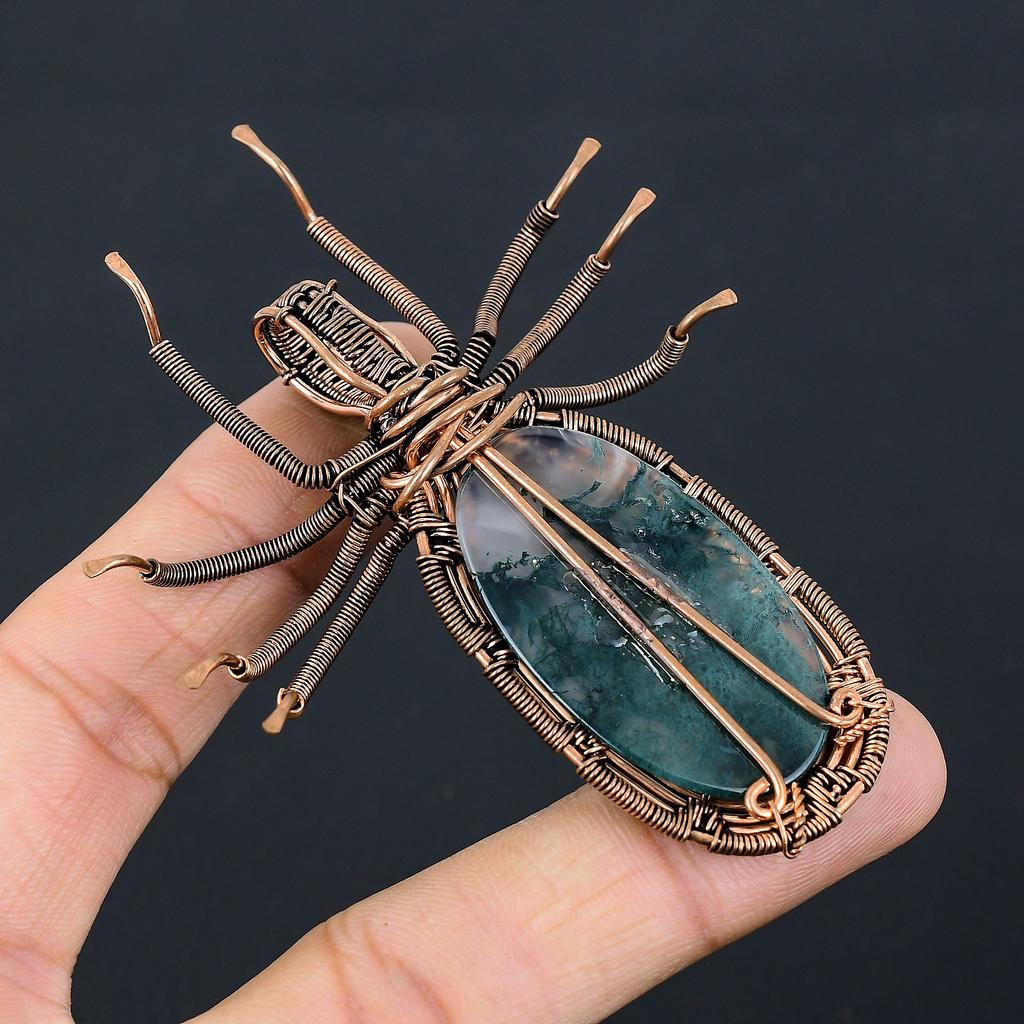 Natural Moss Agate Gemstone Handmade Copper Wire Wrap Spider Pendant 2.56" m0B23