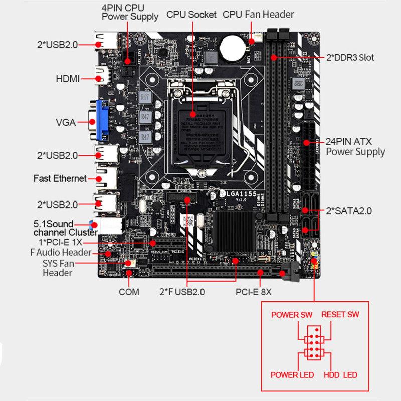 H61m Материнская плата компьютера 1155-контактная память DDR3 Четырехъядерный процессор I5 I7 Домашний офис Двухканальный интерфейс HD