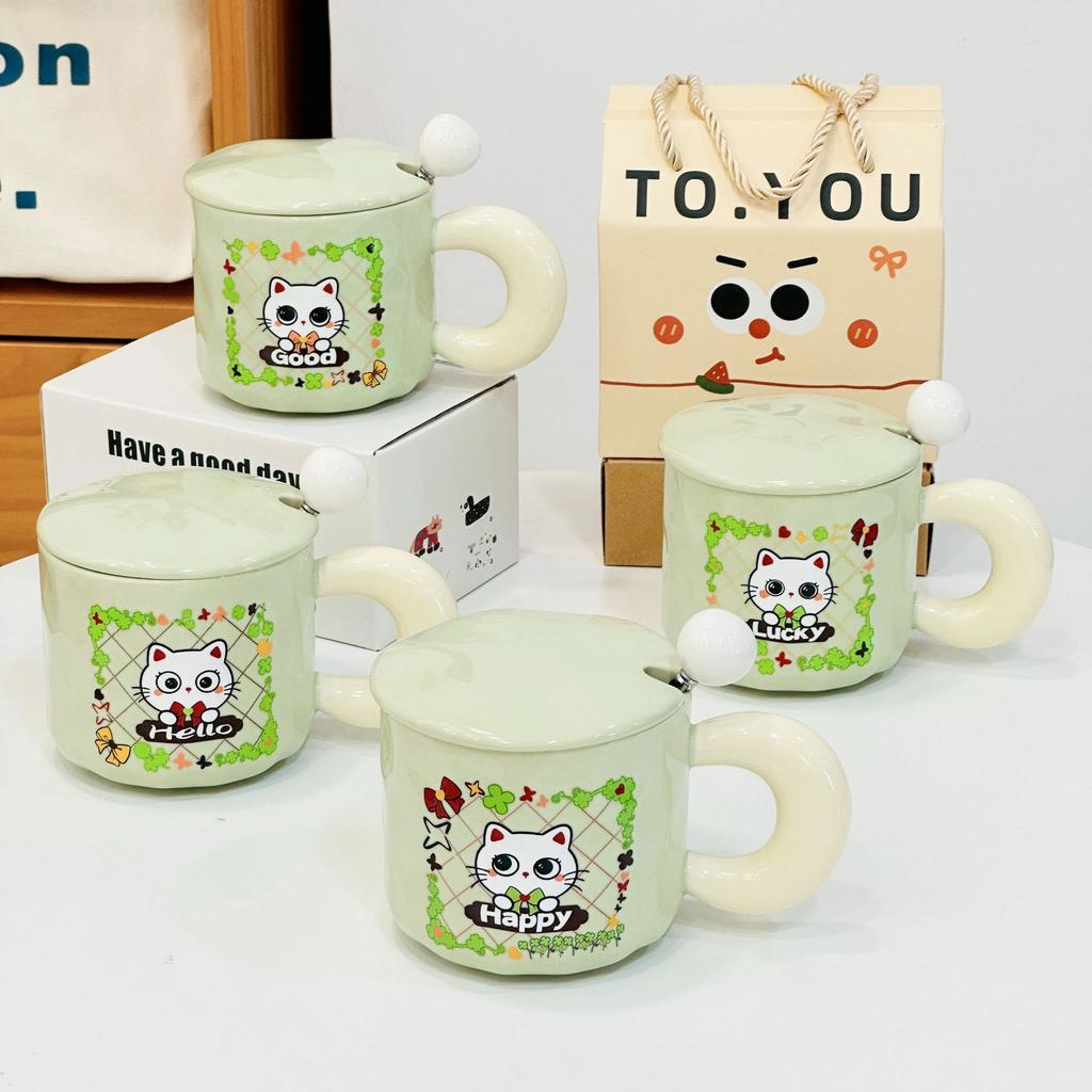 Gift Box Water Cup Cat Cute Ceramic Cup Cartoon High Value Mug High Value Simple Cup with Lid Spoon