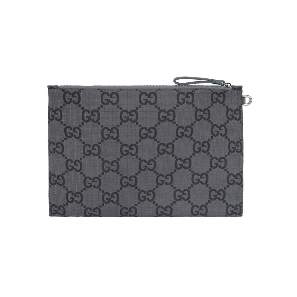 Gucci Сумка-кошелек на молнии с монограммой GG, серый канвас, кожаная отделка, с ремешком на запястье. Для повседневного использования и путешествий.