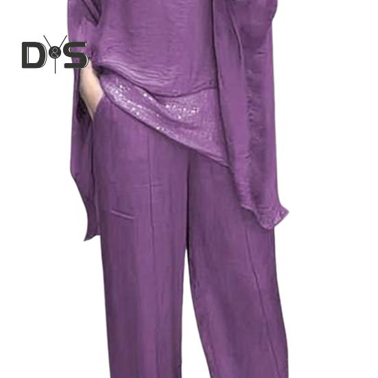 Женский повседневный костюм, топ, широкие брюки, свободный наряд для дома, вечеринки, офиса, с круглым вырезом, с рукавами «летучая мышь», комьютерный костюм