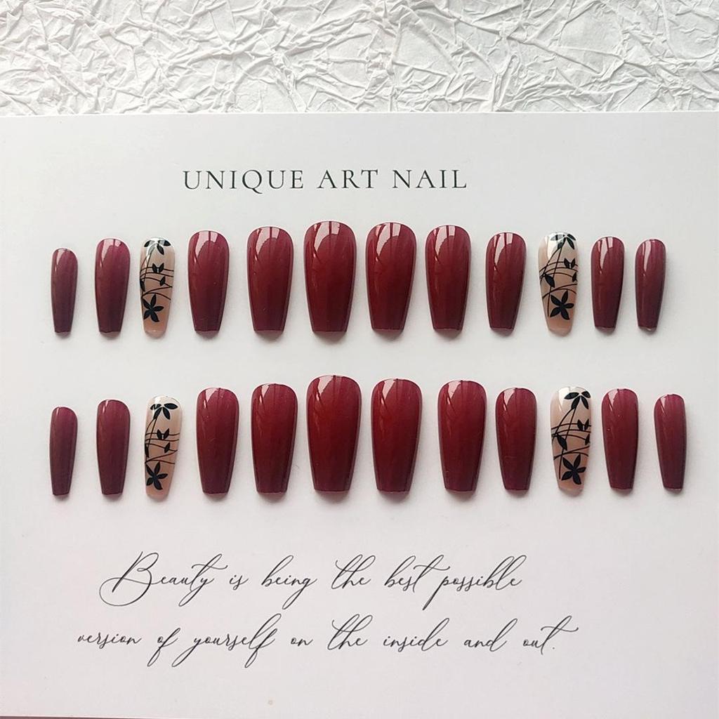 Носимые наклейки для нейл-арта в стиле китайской живописи тушью - Длинные Т-образные накладные ногти