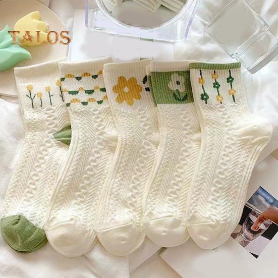 5 Pairs Women Socks Refreshing Flower Prints Mid-tube Shallow-cut High Elasticity Soft Breathable Sweat Absorption Anti-slip Girls Daily Sports Socks