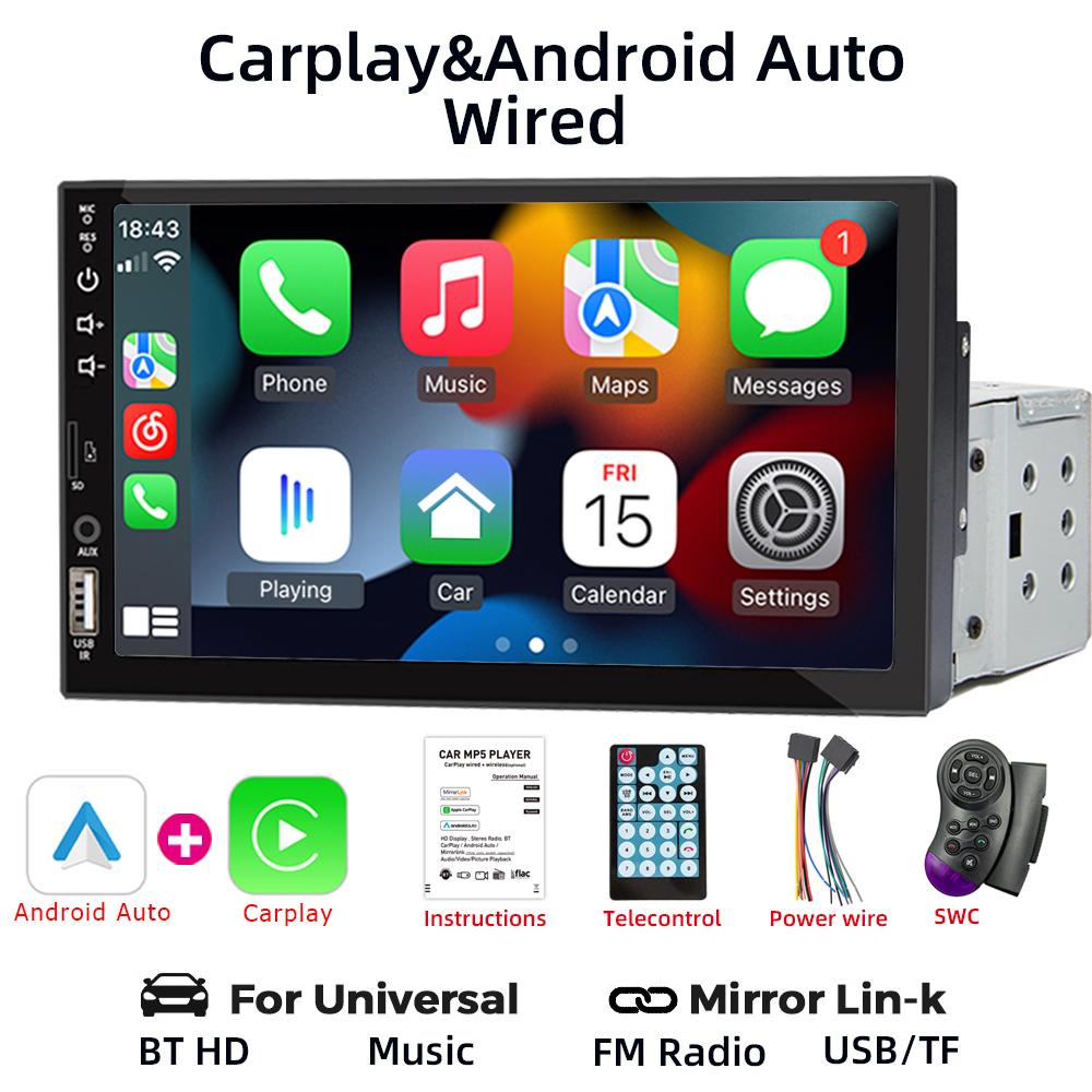 HIPPBQCC Автомагнитола 7" 1 Din Carplay Android Auto Мультимедийный плеер HD Сенсорный экран FM AUX Вход Bluetooth MirrorLink Универсальный