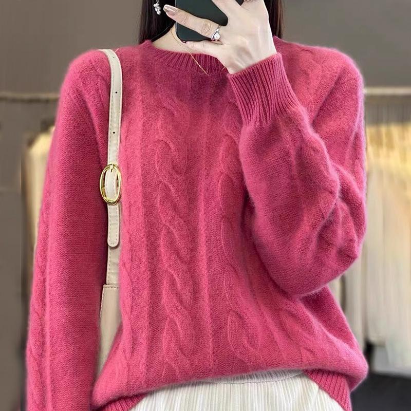 Autumn Winter Women Sweater Wool Thick Warm O-Neck Pullover Twist Flower Cashmeresolid Color Knitwear Loose Round Neck Warm Base Clothes