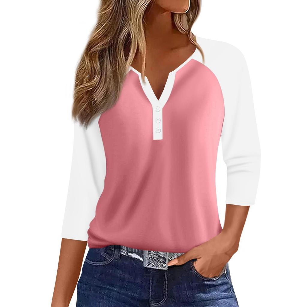 Женская мода повседневная футболка с рукавами реглан, колор-блок, V-образным вырезом, рукавами три четверти, декоративными пуговицами