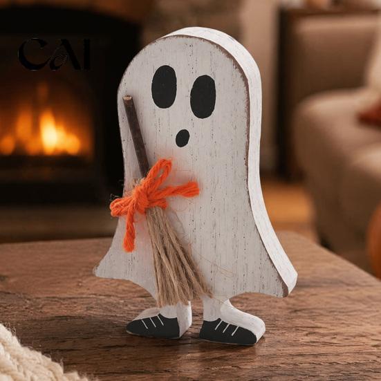 Wood Halloween Farmhouse Decor Wooden Table Sign, Cute Ghost Witch Hat Bat Freestanding Tiered Retro Desktop Signs Tray Ornament, Rustic Tabletop