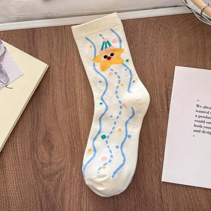 Female Summer Thin Cartoon Illustration Dog Star White Medium Tube Cotton Socks