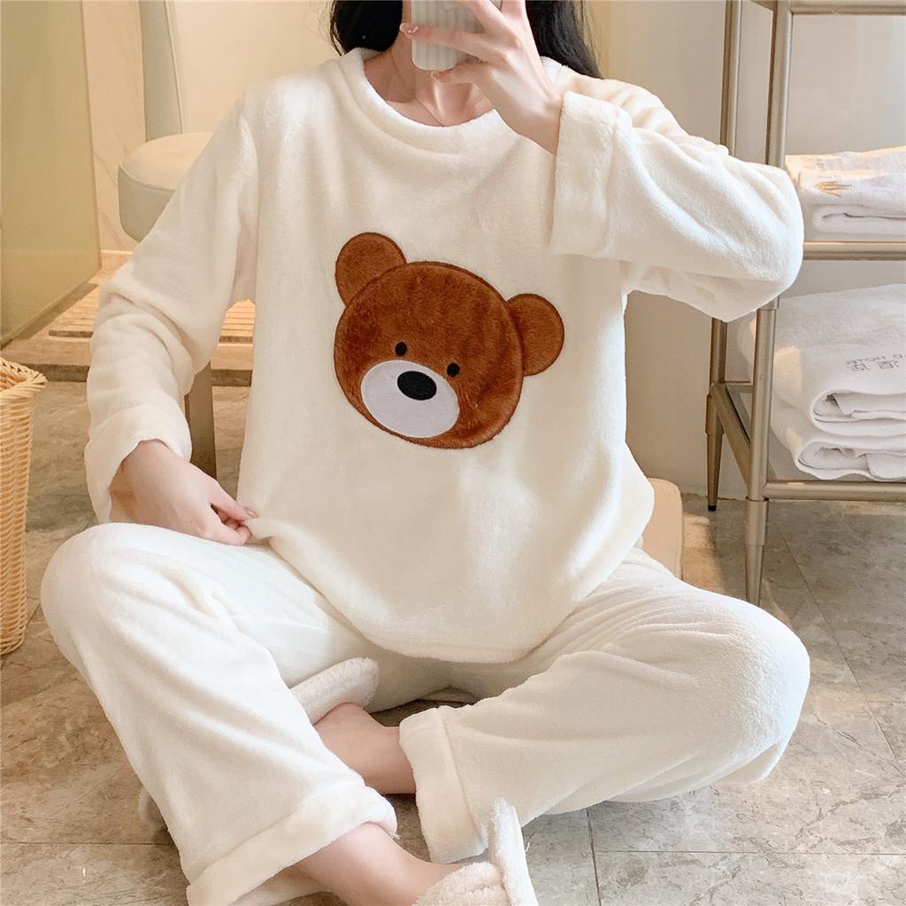 Winter Flannel Warm Pajamas for Wome Thickening Round Neck Long Sleeve Outfits for Women 2 Piece Set Cute Printing Home Wear