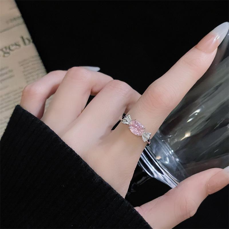 Bow Pink Zircon Series Open Ring Niche Love Cold Wind Advanced Sense Personality Ring Woman