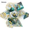 7 Pcs Green White Golden Number Sharp Edge Resin Dice Polyhedral Dice Suitable for Role-Playing RPG Board Game