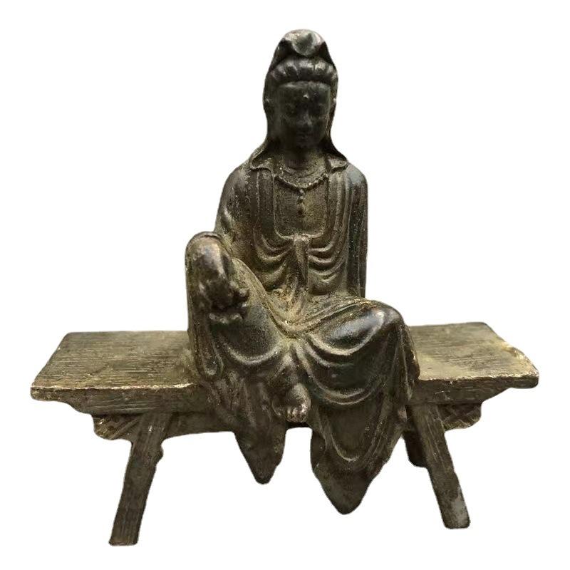 Old Chinese Bronze Copper Handmade Guanyin Bench Buddha Buddha Statue