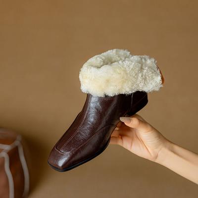 Модные НОВЫЕ Зимние Женские Ботинки Квадратный Носок Массивный Каблук Обувь из Спилка Женские Ботильоны на Молнии Теплая Шерсть Современные Ботинки