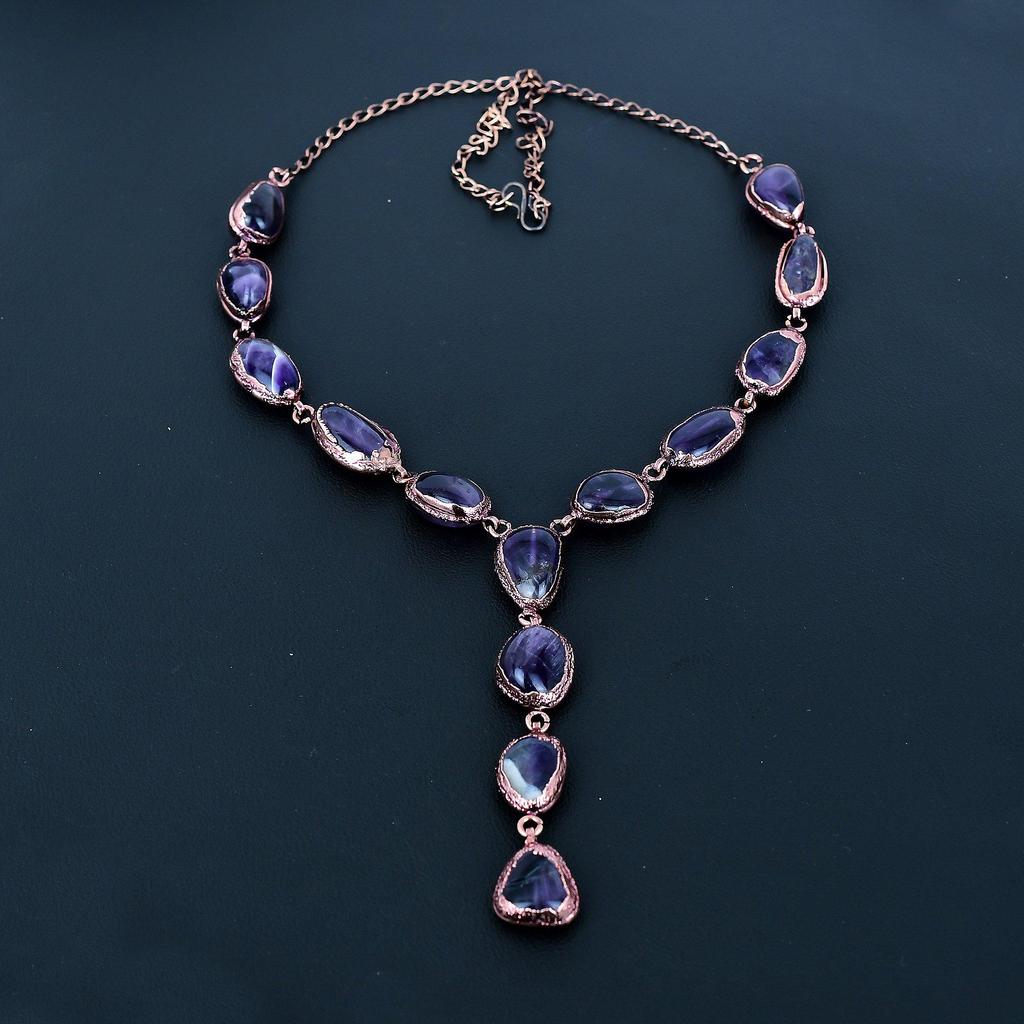 Аметистовое ожерелье, ювелирное украшение с драгоценным камнем, медное гальванопластическое ожерелье с регулируемой цепочкой, подарок для женщин, ожерелье ручной работы