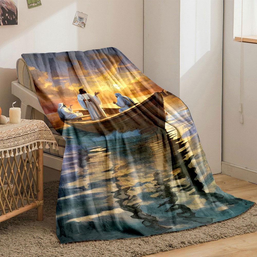 Jesus in Boat Blanket Printed Blanket for Living Room Bed Couch lunch break Soft Cozy Blanket for Friend's festival Gift