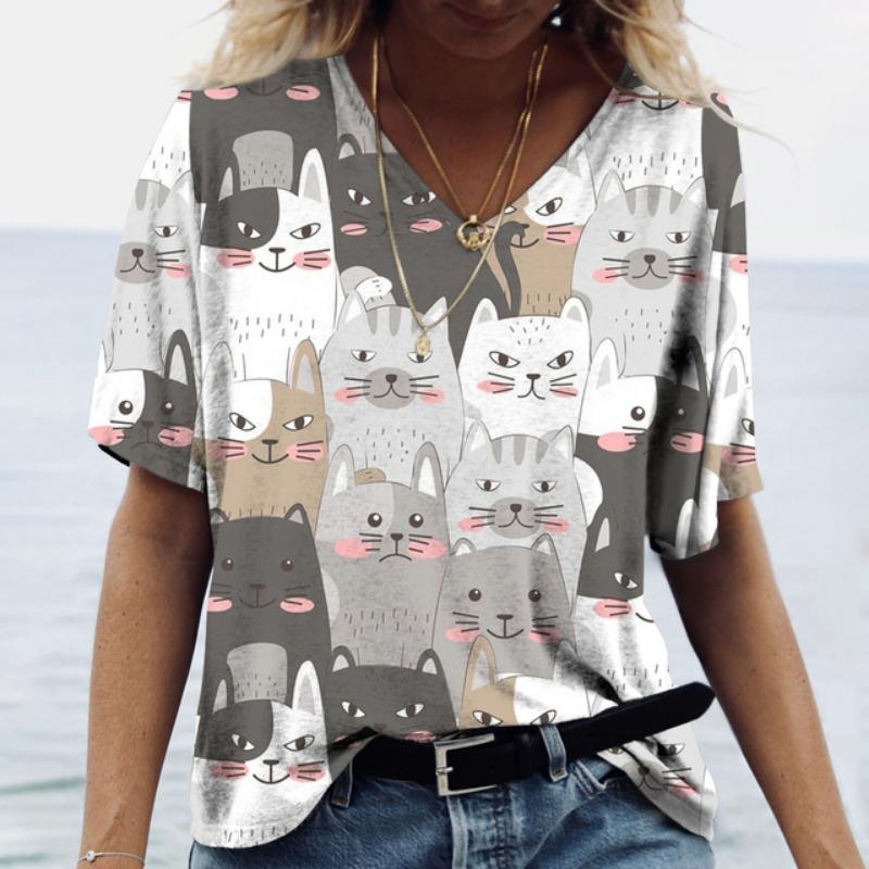 Женская футболка с забавным принтом кота Женская футболка Футболка свободного покроя Топ Летняя НОВАЯ повседневная женская одежда Дизайнерские топы с V-образным вырезом Футболки