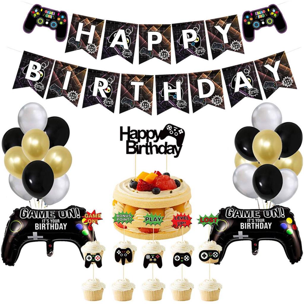 GAME ON Game-Themed Birthday Party Decoration Set: Banner, Foil Balloons, and Cake Topper Set