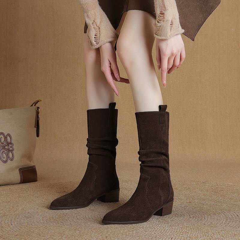 Krazing Pot Зимние женские сапоги из коровьей замши и нубука с круглым носком и средним каблуком, элегантные женские сапоги до середины голени в стиле ретро со складками