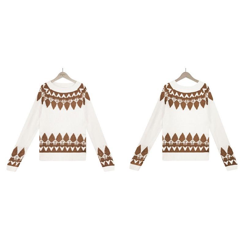 Autumn and Winter Women's Sweater Vintage Jacquard Knit Sweater Ladies Round Neck Long Sleeve Pullover Sweater