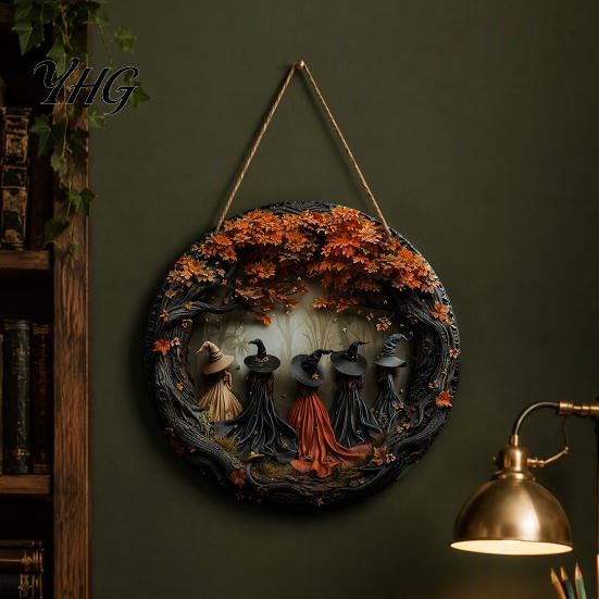 Halloween Party Home Ornament Witch Hanging Sign, 8" Round Wooden Door Autumn Forest Festive Decoration Witches Rustic Holiday Sign for Front