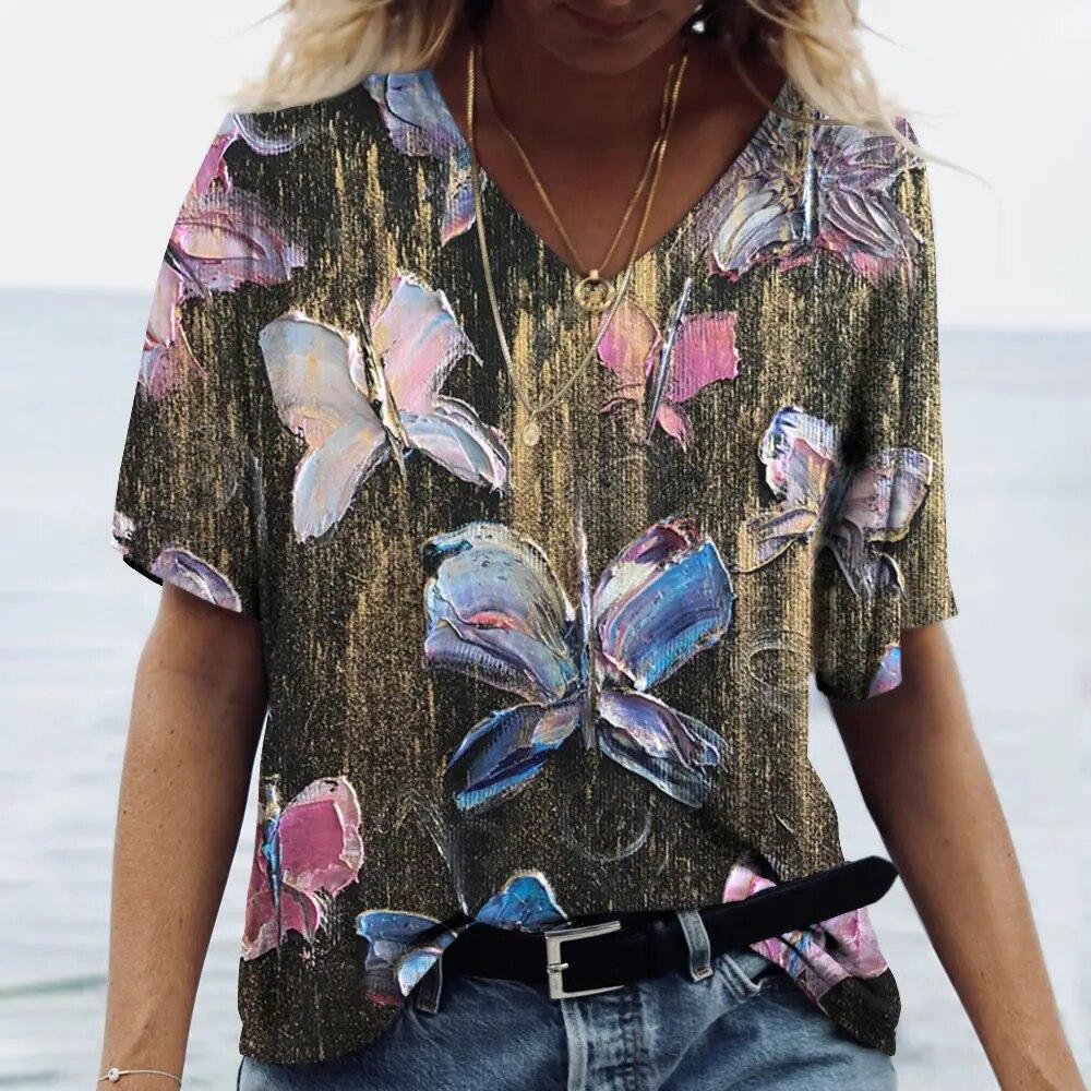 Женские футболки, модные топы с v-образным вырезом, красочная футболка с бабочкой, женские короткие повседневные футболки с цветочным принтом, летняя одежда больших размеров
