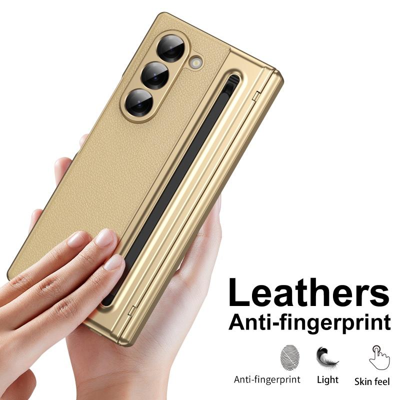 Business Electroplated PU Leather Phone Case for Samsung Z Fold 3 4 5 6 7 With Stylus Built in HD Screen Protector Hard Cover