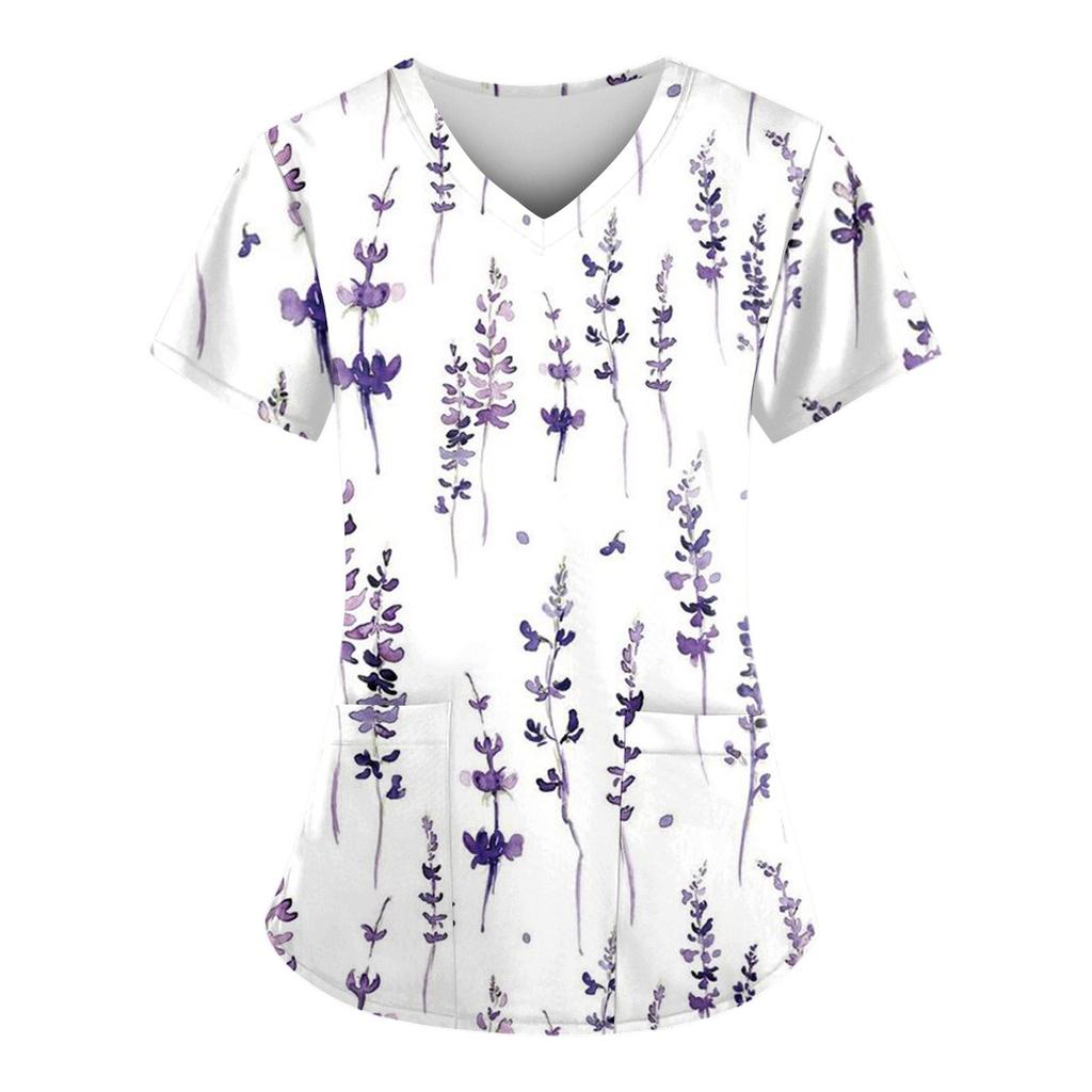 Женская мода с v-образным вырезом, короткими рукавами и карманами, топы с принтом