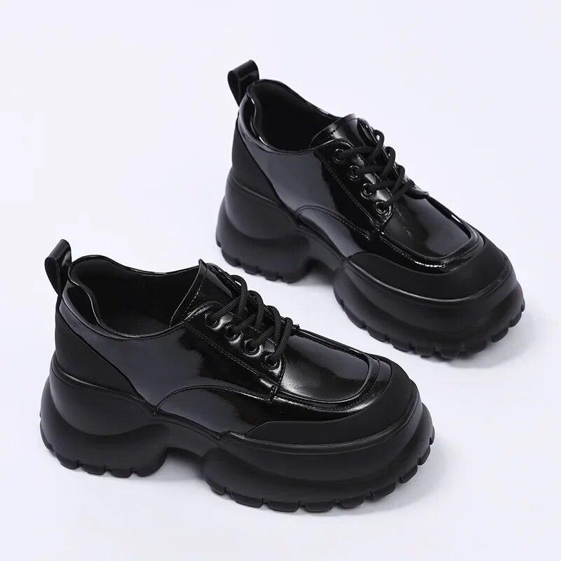 Fujin 6CM Patent Genuine Leather Women Platform Pumps Ladies Lace Up Wedge Pumps High Brand Fashion Ankle Boots High Heels Shoes