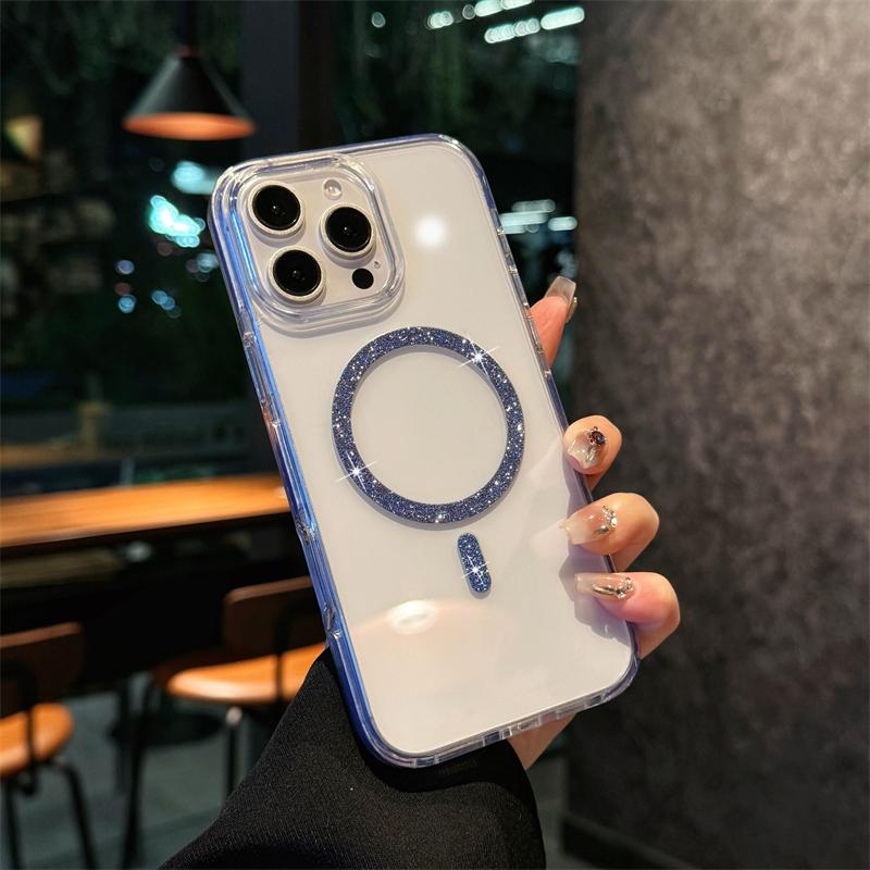 Роскошный блестящий чехол Magsafe для беспроводной зарядки для iPhone 16 15 14 13 12 Pro Max Plus Магнитное покрытие Прозрачная жесткая задняя крышка