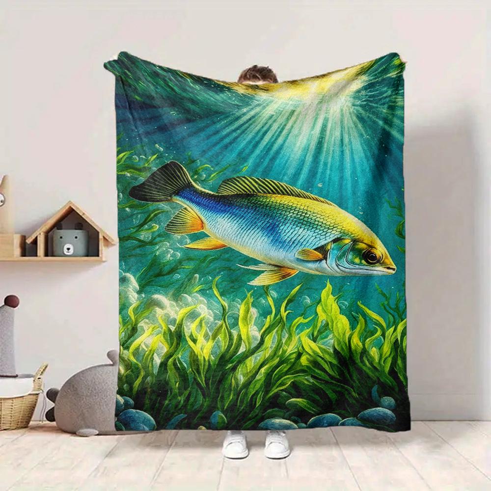 1Pc Underwater Fish Scene Blanket Soft And Comfortable Casual Warm Camping Travel Christmas Halloween Xmas Gift M928499