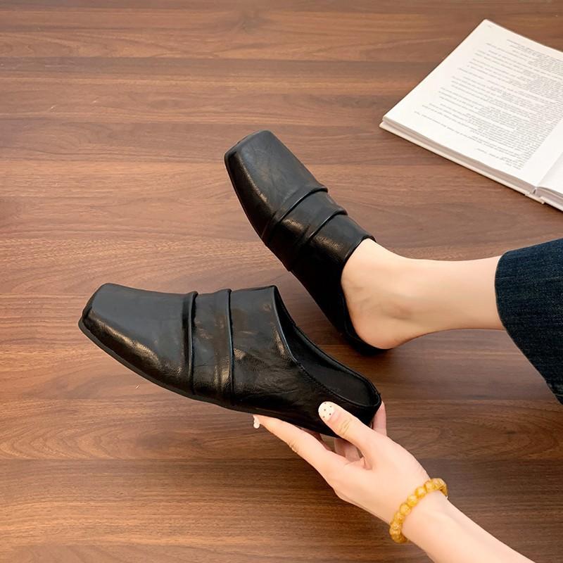 Полутапочки на толстой подошве с плиссированным верхом, женская обувь большого размера, весна-лето 2025, туфли из маленькой кожи с квадратным носком, крутые женские тапочки