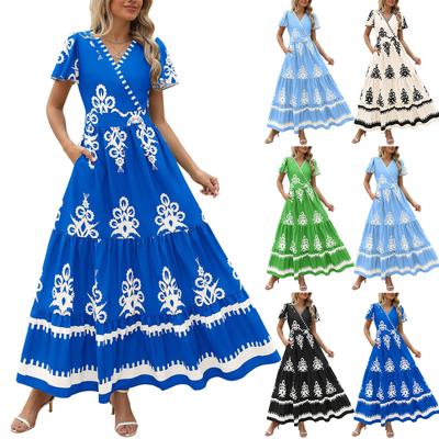 Женское летнее платье с V-образным вырезом и цветочным принтом, короткими рукавами и карманами