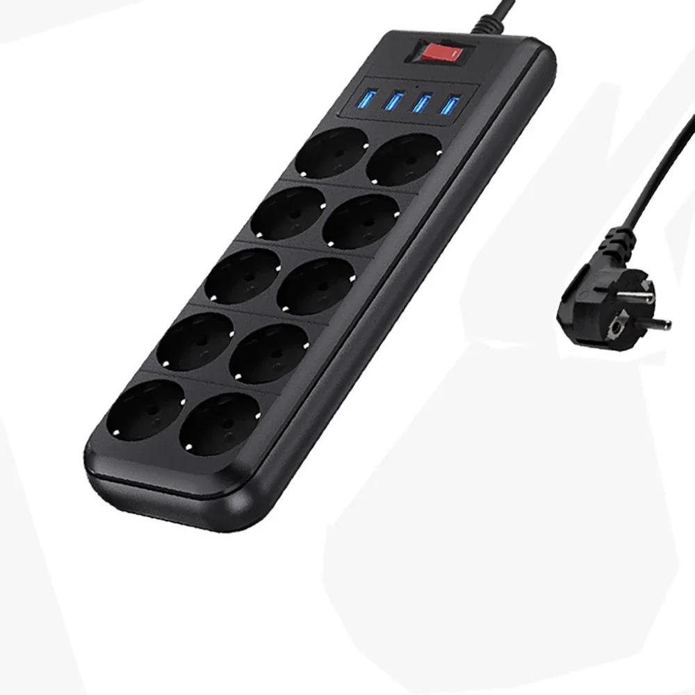 Melery Сетевой фильтр 10-контактный розетка переменного тока, розетка европейского стандарта, USB-порт для зарядки, удлинитель 2 м, компьютер, телевизор, смартфон, бытовая техника