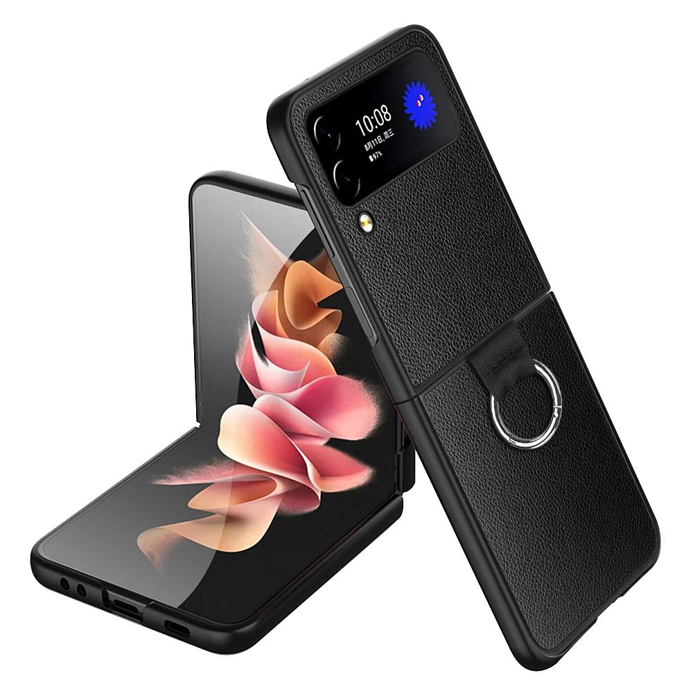 Кольцо для пальца Кожаный чехол-накладка для Samsung Galaxy Z Flip 7 6 5 4 5G flip7 Flip5 Flip4 Flip3 Flip 3 2 Flip2 flip6 Сумка для телефона