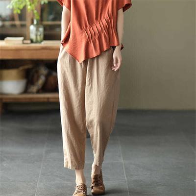 Летние эластичные женские хлопковые льняные широкие брюки-капри с высокой талией в стиле Харадзюку для женщин, мешковатые шаровары, женские брюки