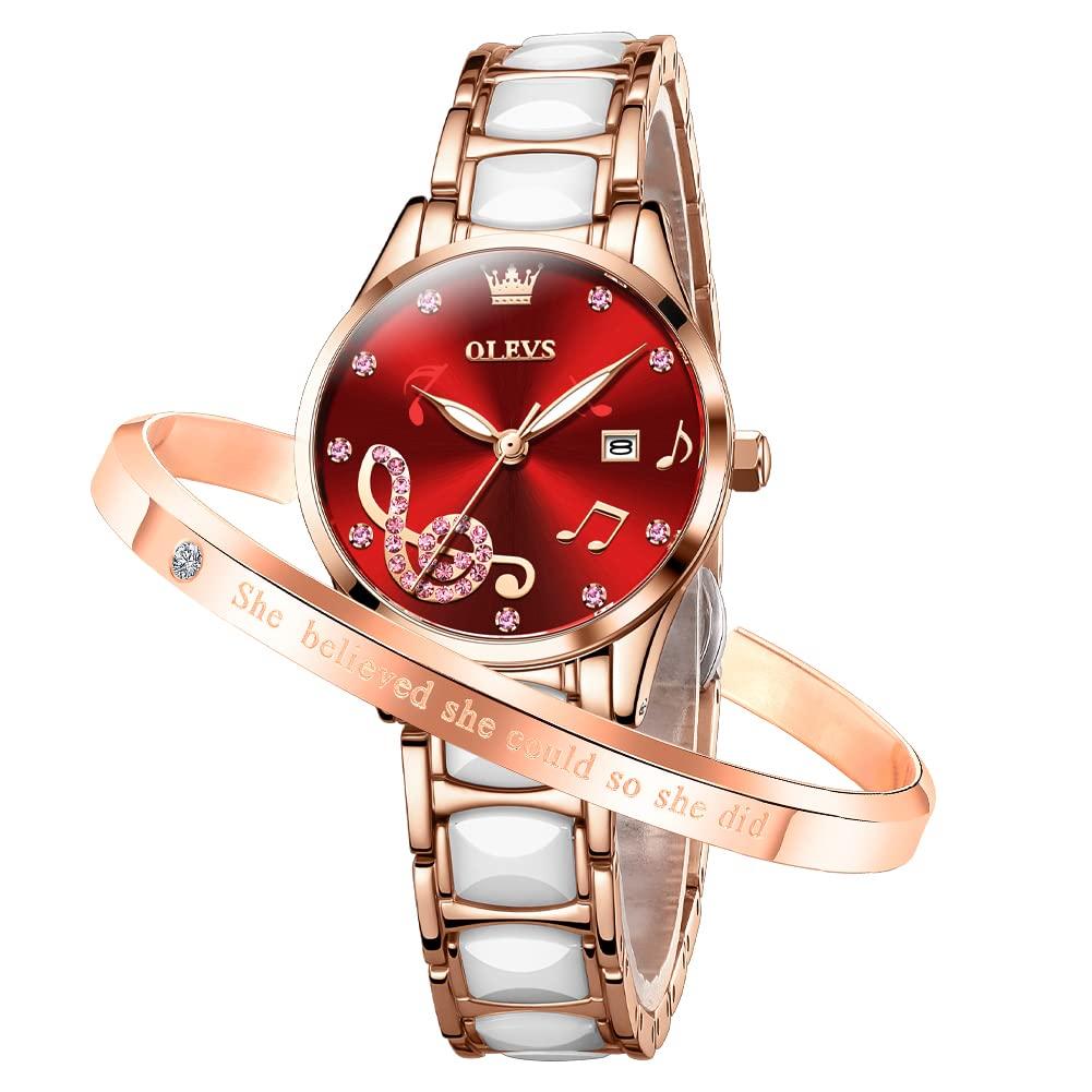 OLEVS Easy to Japanese Day Gift женские часы, стильные, читающие, с механизмом, популярные, симпатичные, с датой, светящиеся, водонепроницаемые, на День святого Валентина (Музыкальная нота красная-3605)