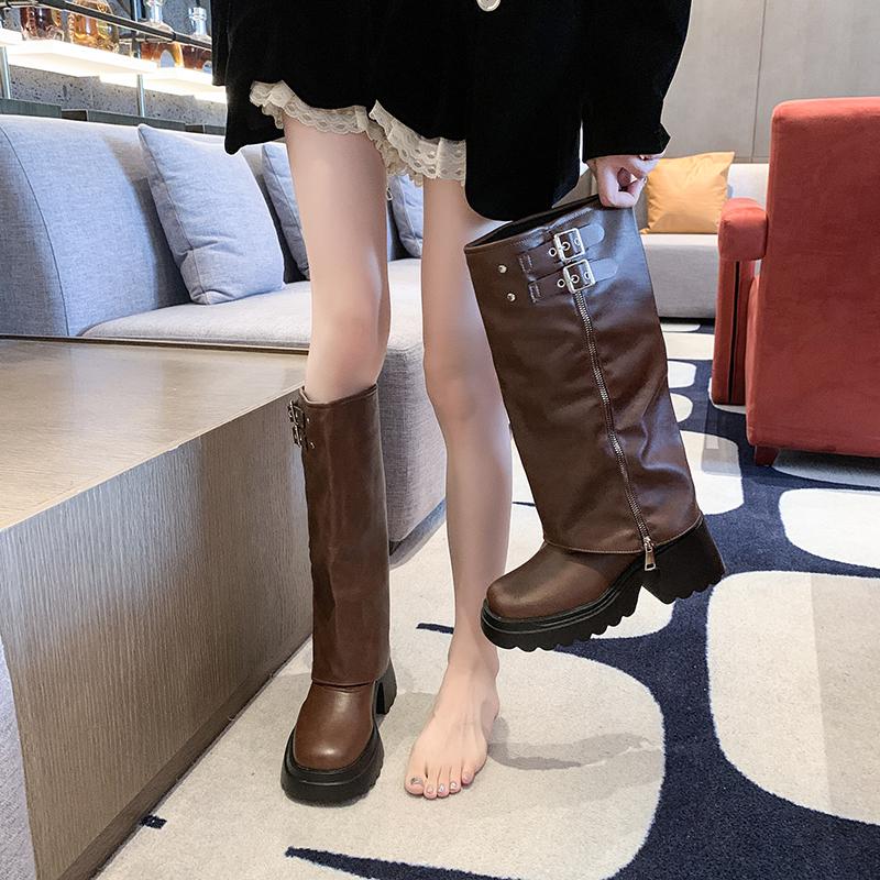 Fashion 2025 New Autumn Winter Chunky Women Knight High Boots Fashion Platform Flats Trouser Long Booties Female Western Cowboy Shoes