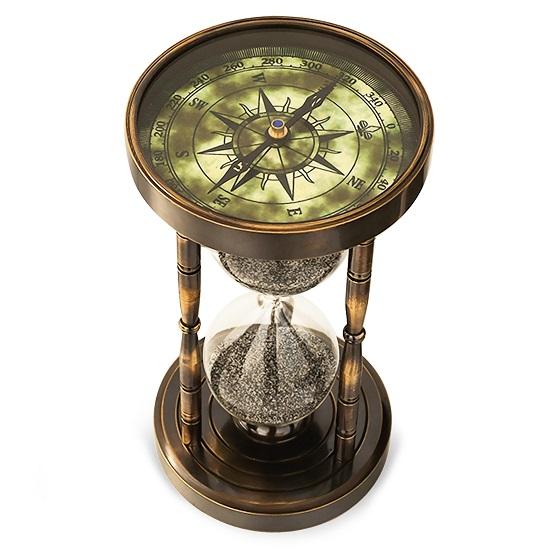 Песочные часы из латуни с двусторонним компасом, морским декором и хронометражем