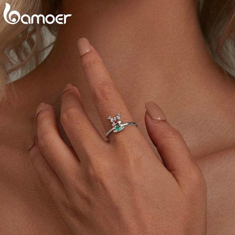 BAMOER, классическое регулируемое кольцо из стерлингового серебра 925 пробы с оленями, зеленое кольцо с цирконом для женщин, рождественский подарок, ювелирные изделия