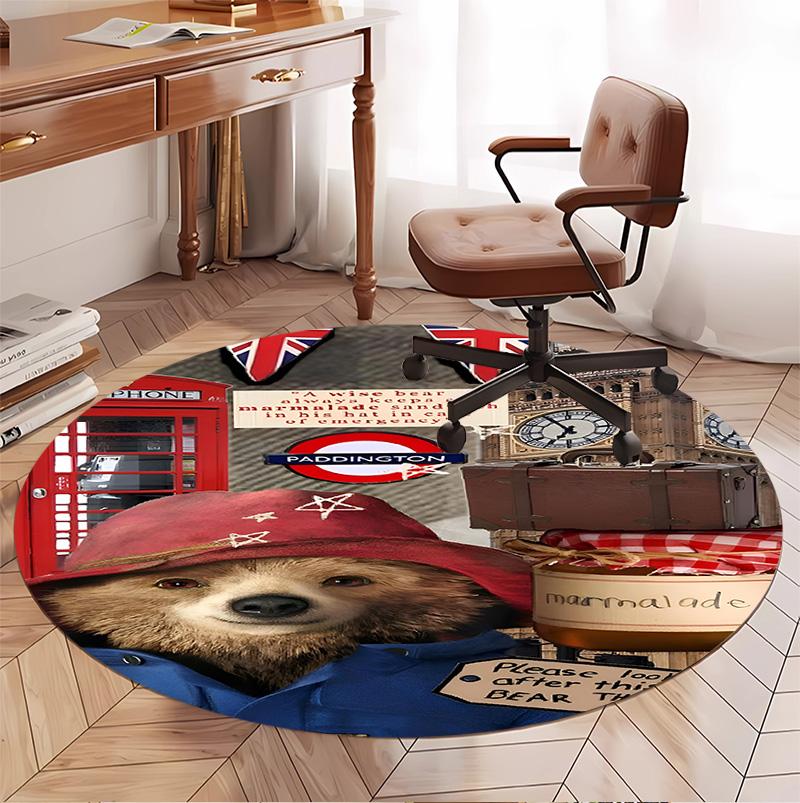 Paddington Bear Pattern Round Rug, Indoor/Outdoor Mat, for Picnic, Gameroom, Bedroom, Office, Living Room, Home Decor Carpet, Birthday Gift